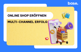 Illustration mit Smartphone, Einkaufstaschen und Text ‚Online Shop eröffnen – Multi-Channel Erfolg‘