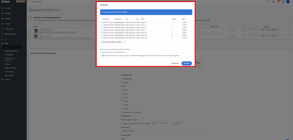 Varianten-Optionen im Einstellformular