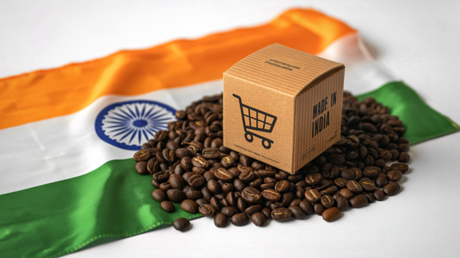 Ecommerce packaging concept: Made in India box on roasted coffee beans