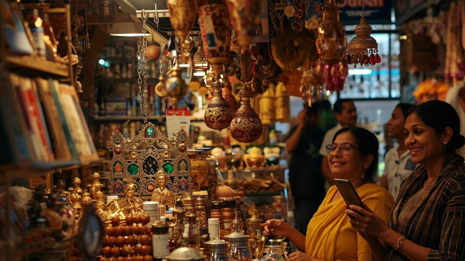 Two women browsing and shopping at a busy Indian market stall filled with decorative lamps, handicrafts, idols, and traditional home décor items.