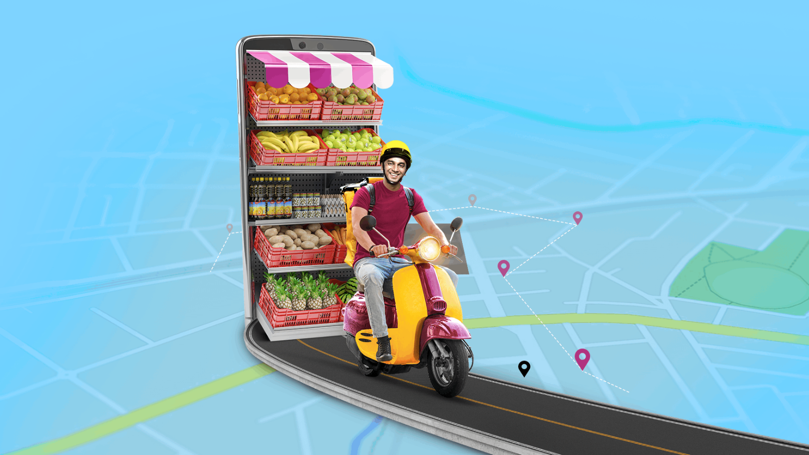 10-minute grocery delivery model in India showing a quick commerce rider on a scooter delivering fresh produce from a micro-warehouse via a mobile app.