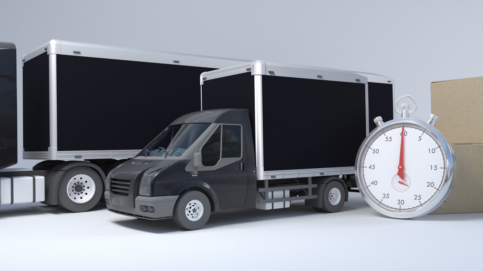 Fast ecommerce shipping in India with delivery trucks, parcels, and stopwatch representing quick courier aggregator services for D2C brands.