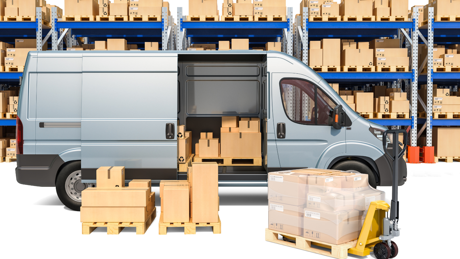 warehouse logistics and reverse logistics operations with delivery van and ecommerce inventory