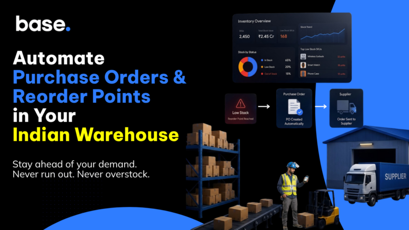 Illustration of automated purchase orders and reorder points in an Indian warehouse, showing inventory monitoring, low-stock alerts, automatic purchase order creation, supplier integration, warehouse shelving, and logistics operations.