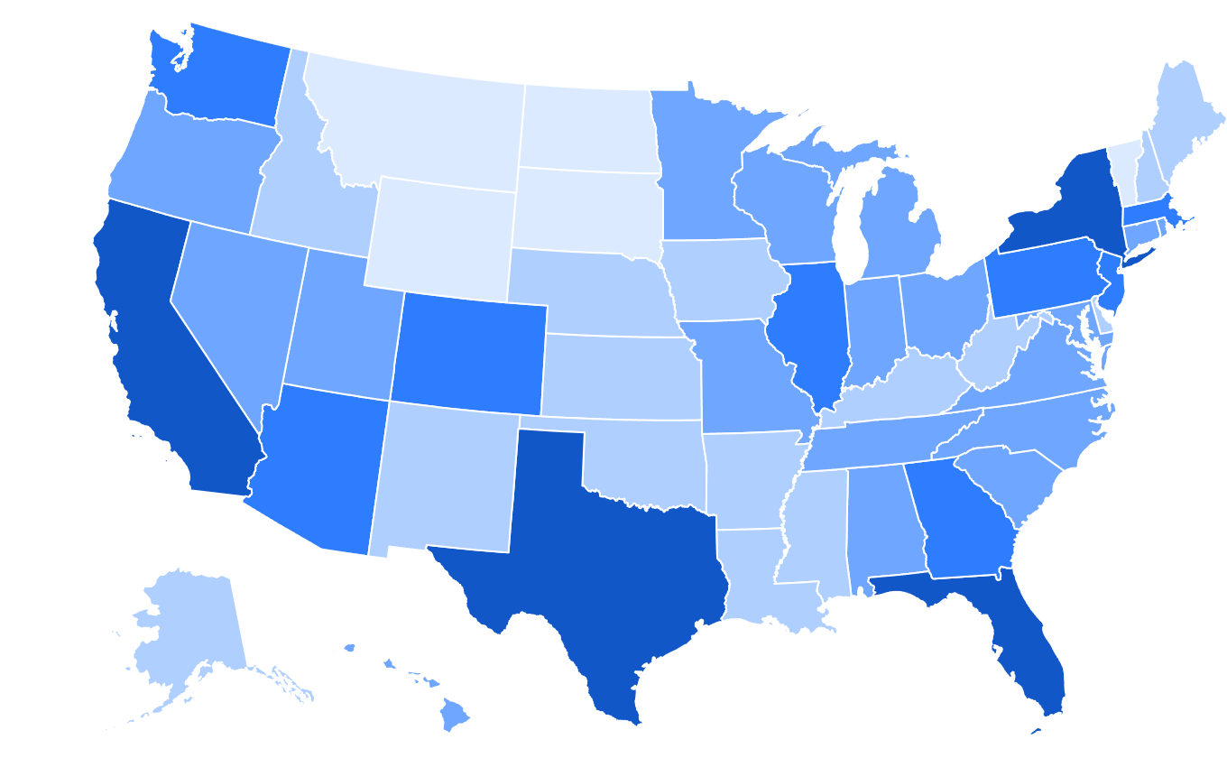 US map of states shipped to, shaded by order volume