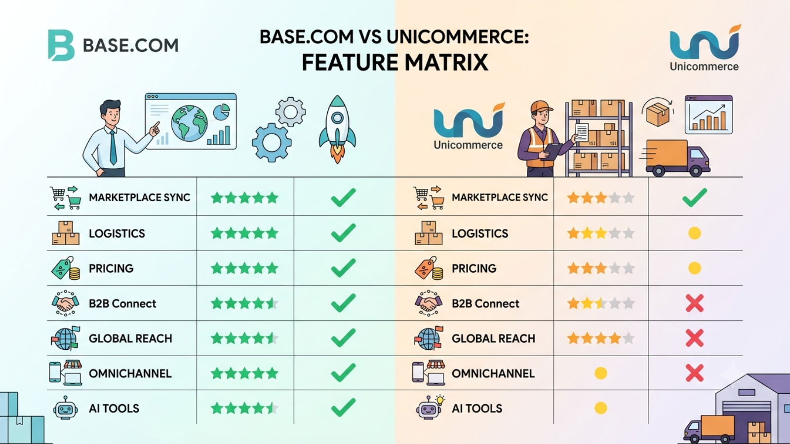 Feature comparison matrix of Base.com and Unicommerce for D2C brands
