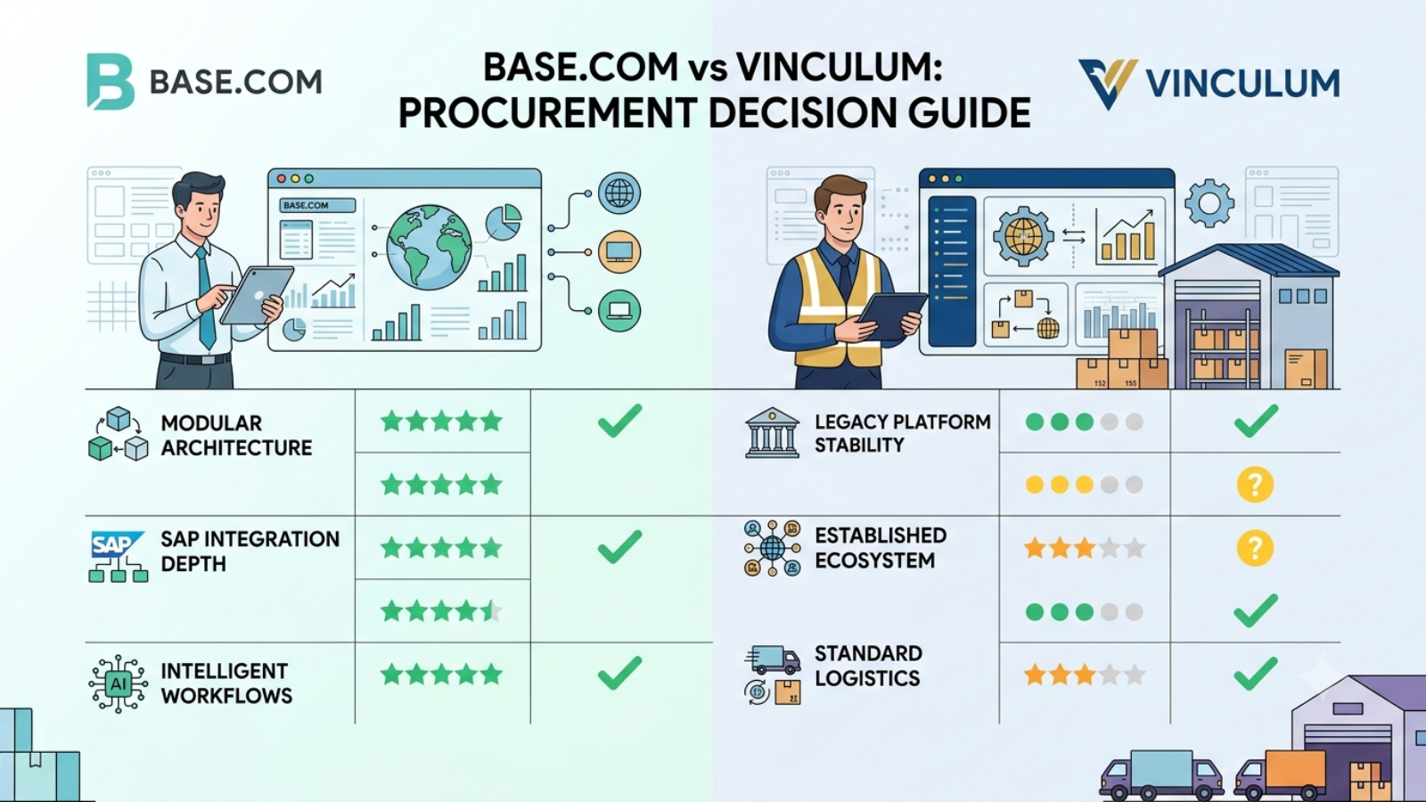 Feature comparison table of Base.com and Vinculum across OMS, WMS, ERP, and AI capabilities