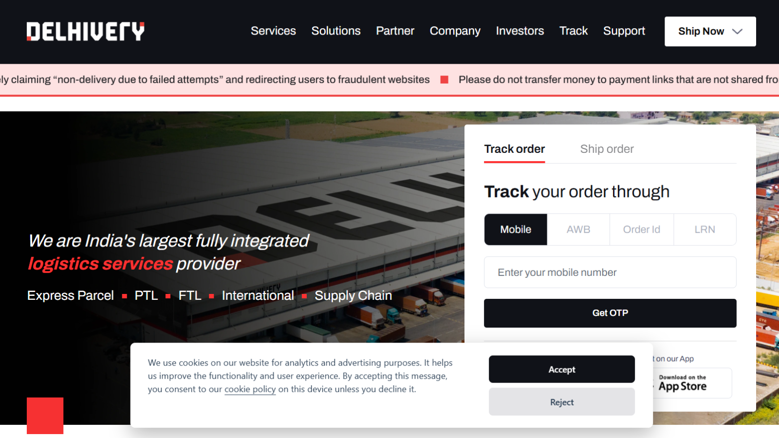 Delhivery logistics and shipment management platform homepage