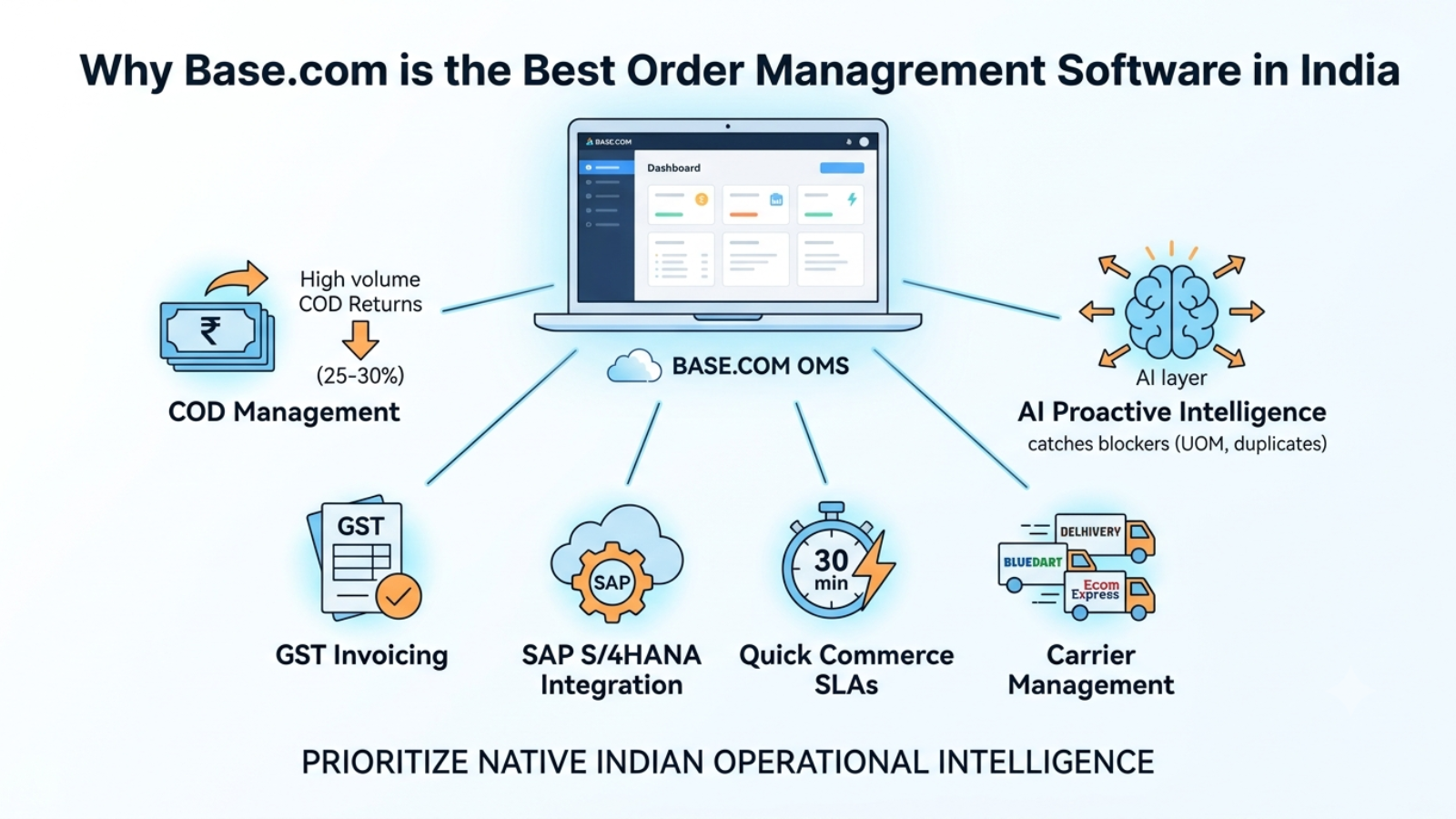 Comparison infographic highlighting Base.com order management software features