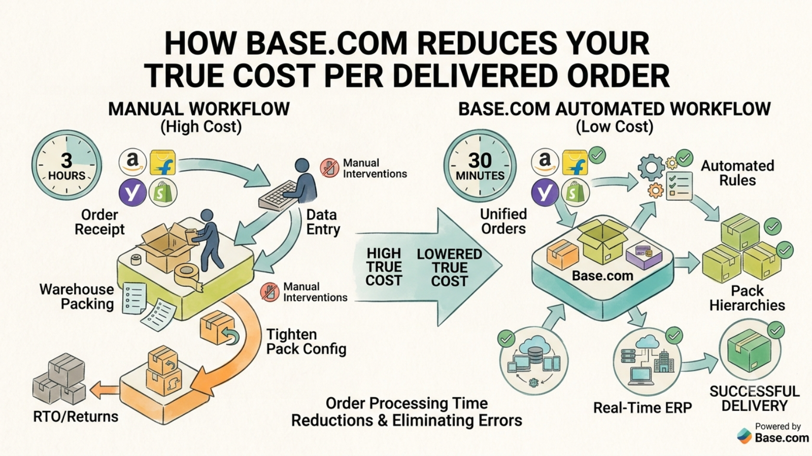 Base.com workflow automating order processing, ERP integration, warehouse operations, and fulfilment to reduce delivery costs