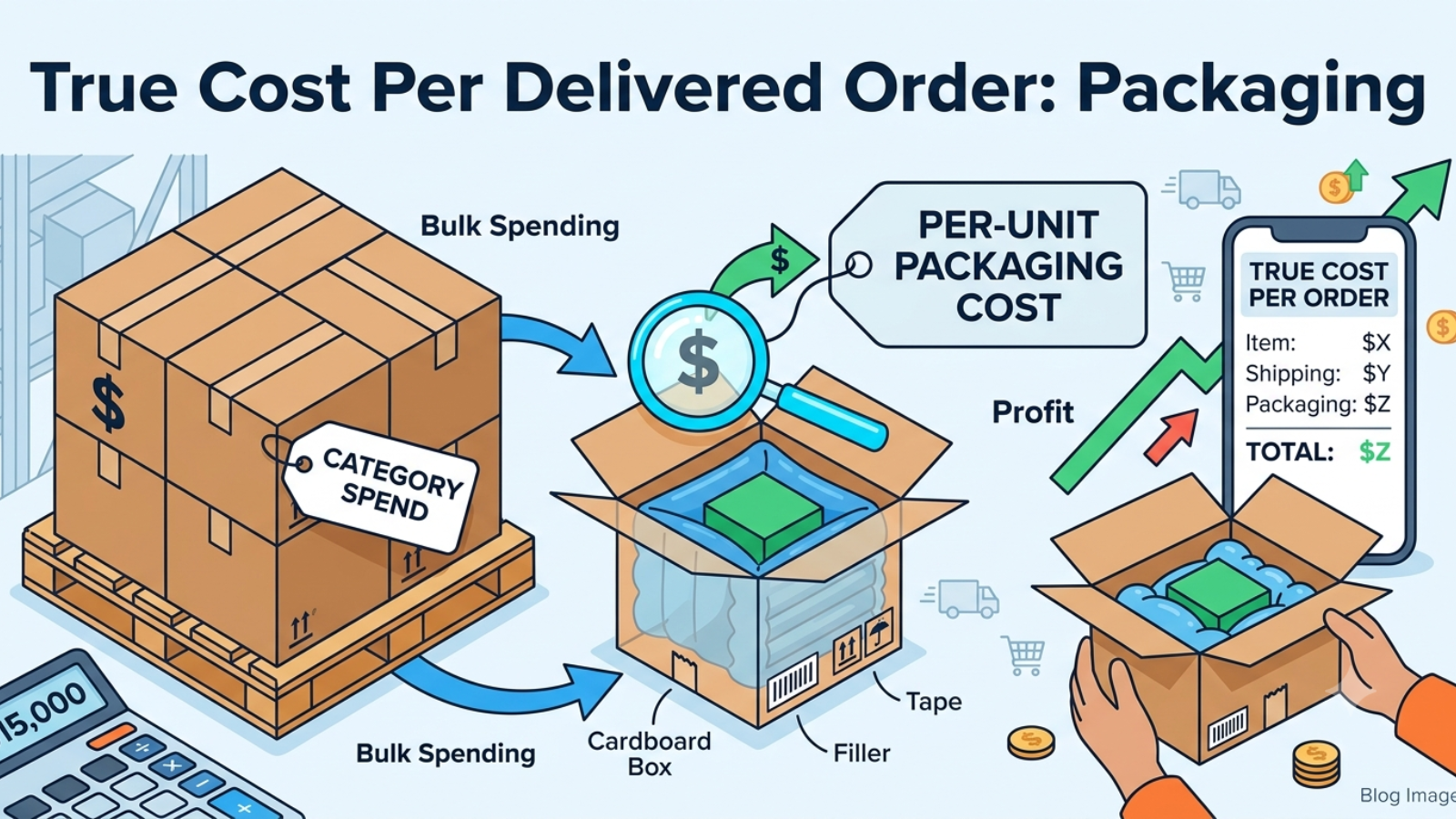Packaging cost calculation showing bulk spend, per-unit packaging cost, and profit impact