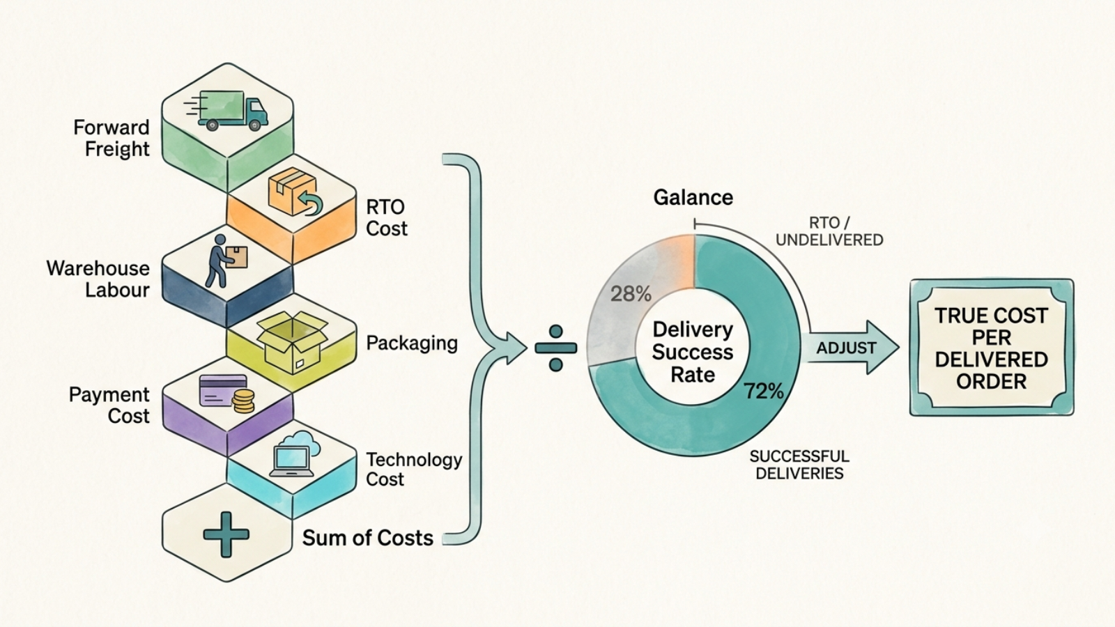 Framework combining freight, RTO, warehouse, packaging, payment, and technology costs to calculate the true cost per delivered order
