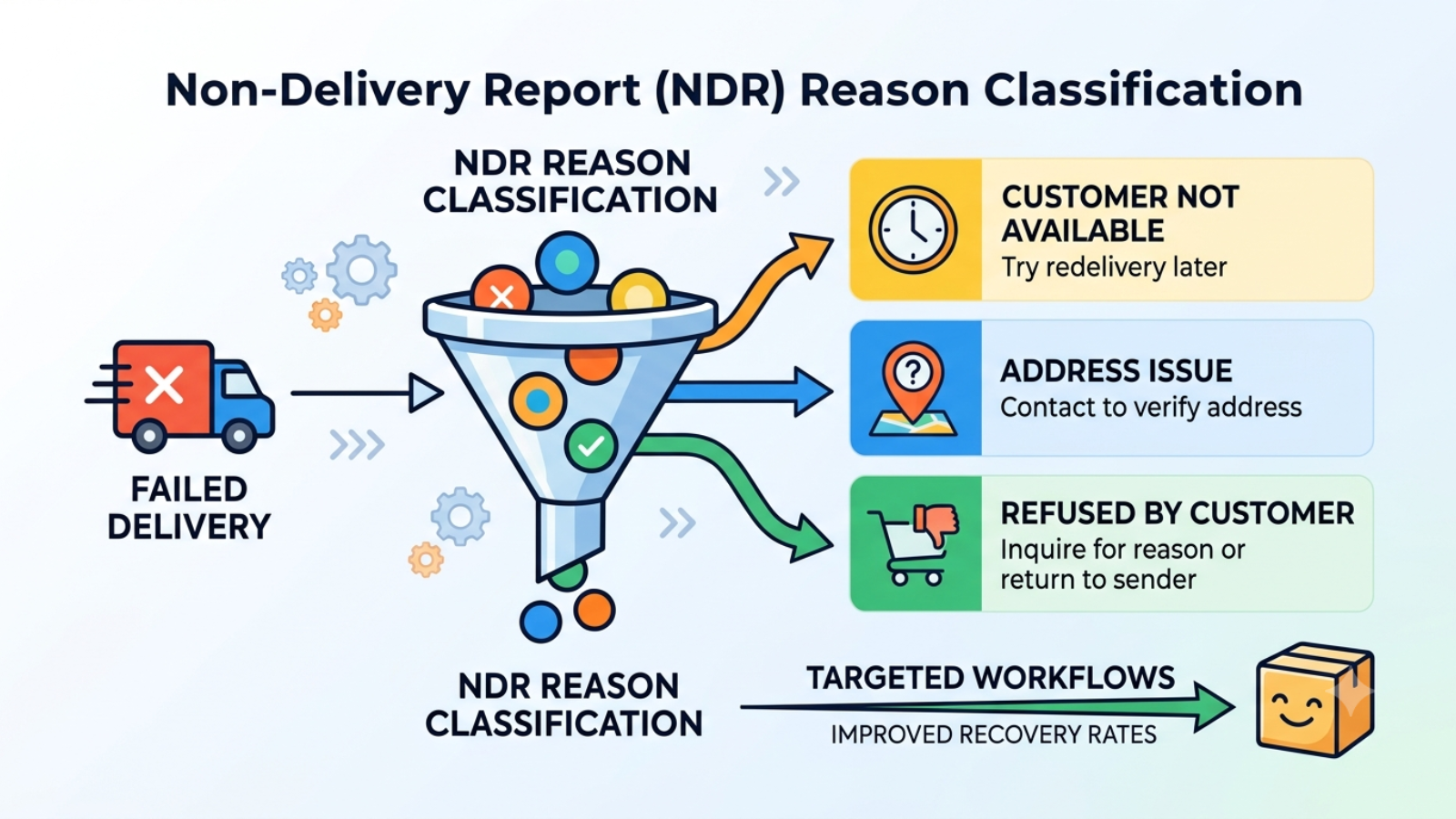 Non-delivery report reason classification workflow for targeted COD delivery recovery