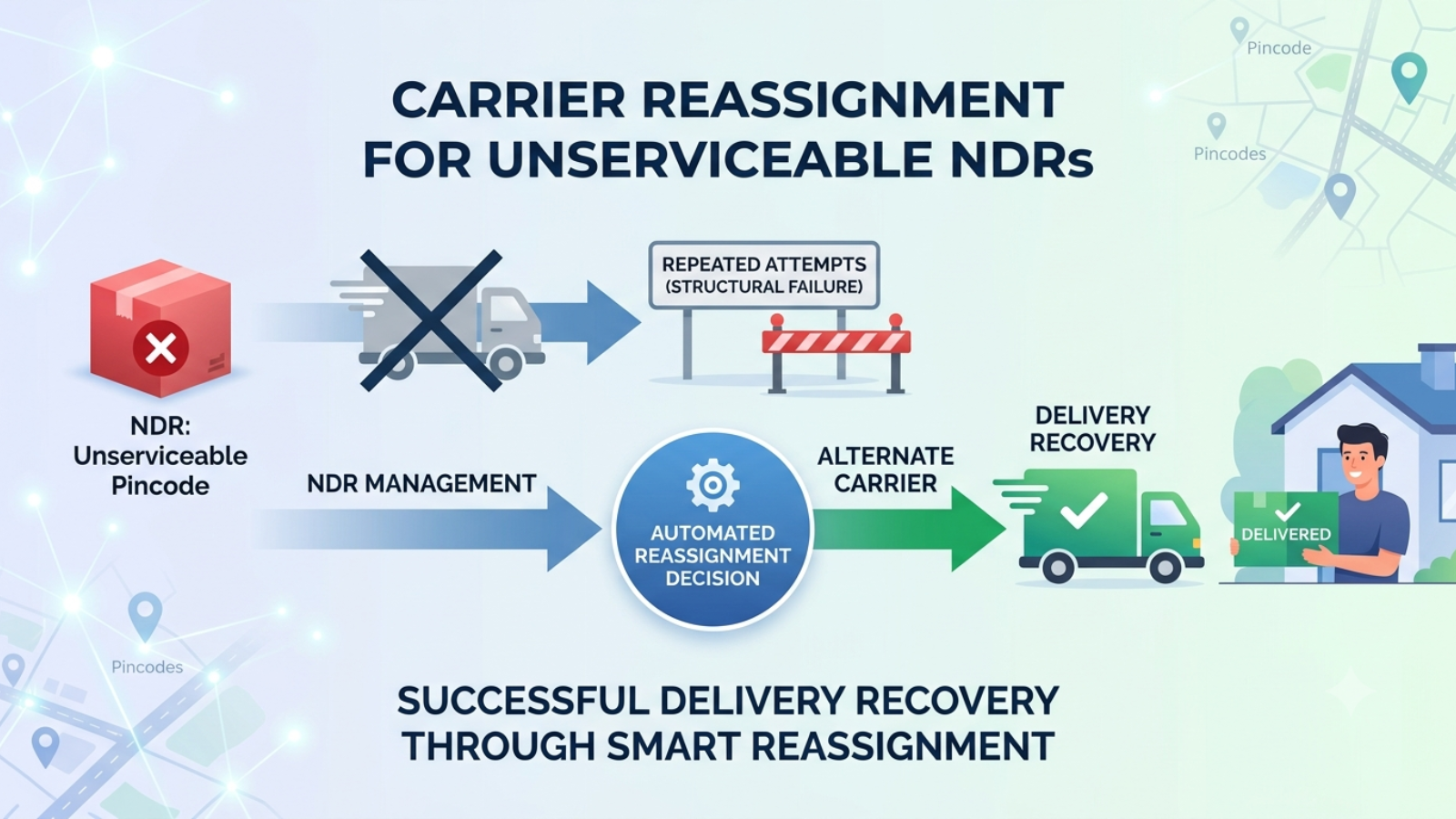 Carrier reassignment workflow recovering deliveries from unserviceable pincodes using alternate logistics partners