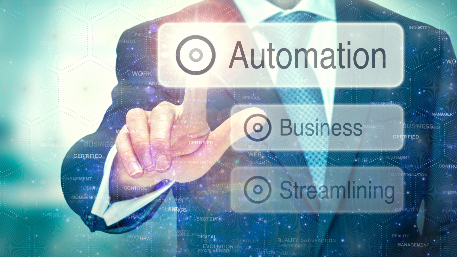Business professional selecting warehouse automation for procurement and inventory management