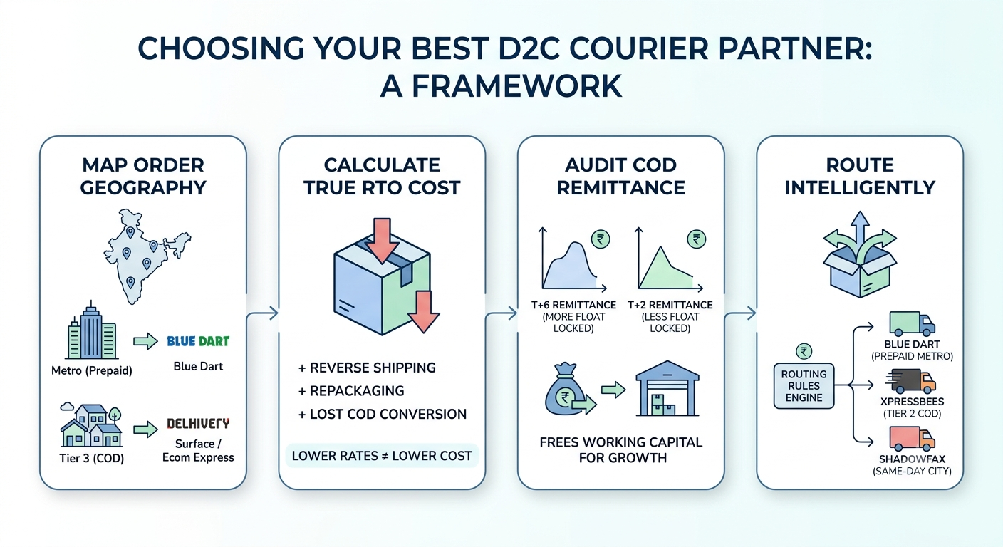 Courier selection framework based on geography, RTO cost, COD remittance, and routing strategy