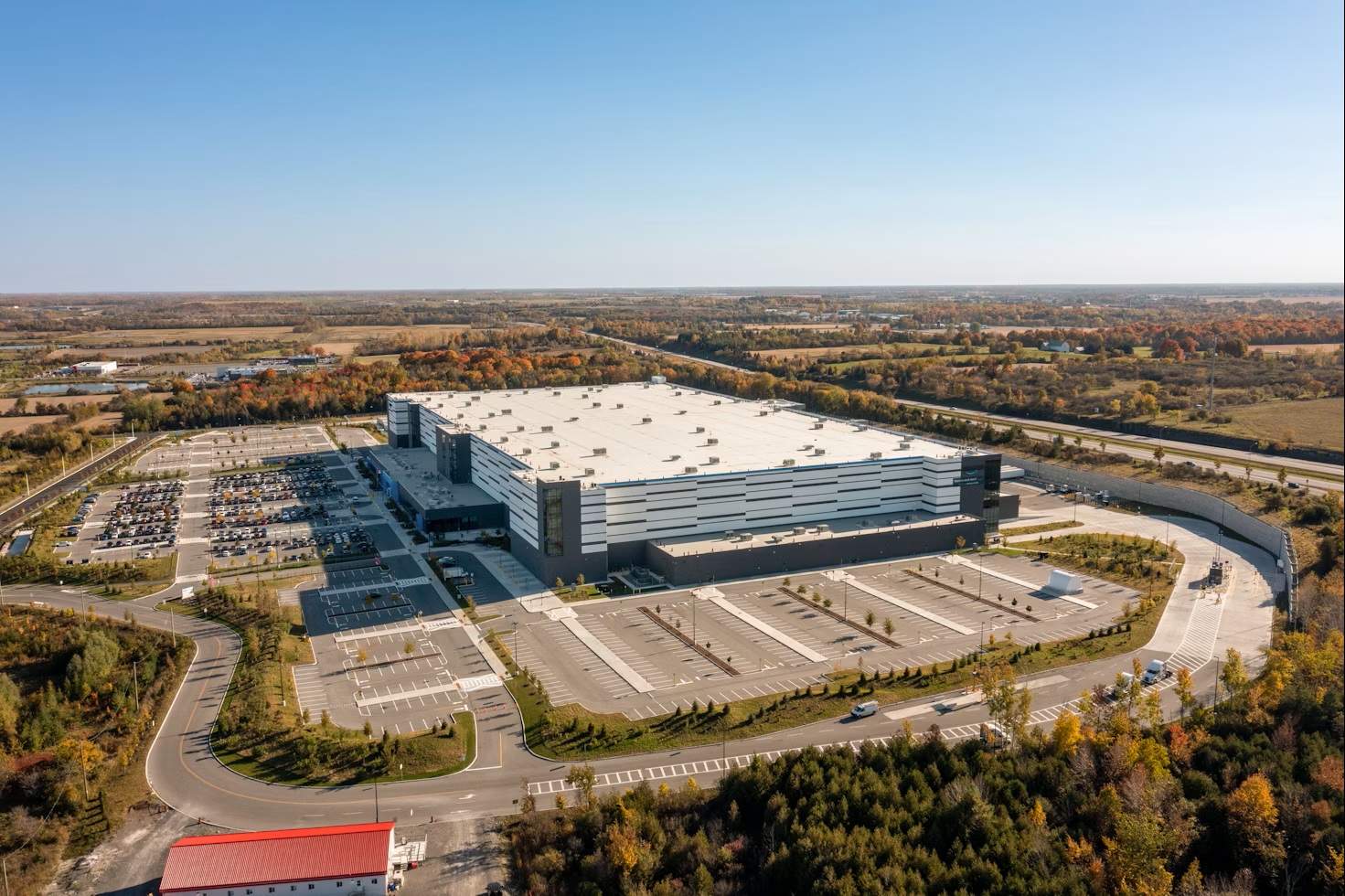 Aerial view of a large fulfilment centre operating at high volume