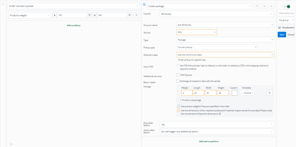 Shipping packages – automatic action examples - Help Center | Base.com