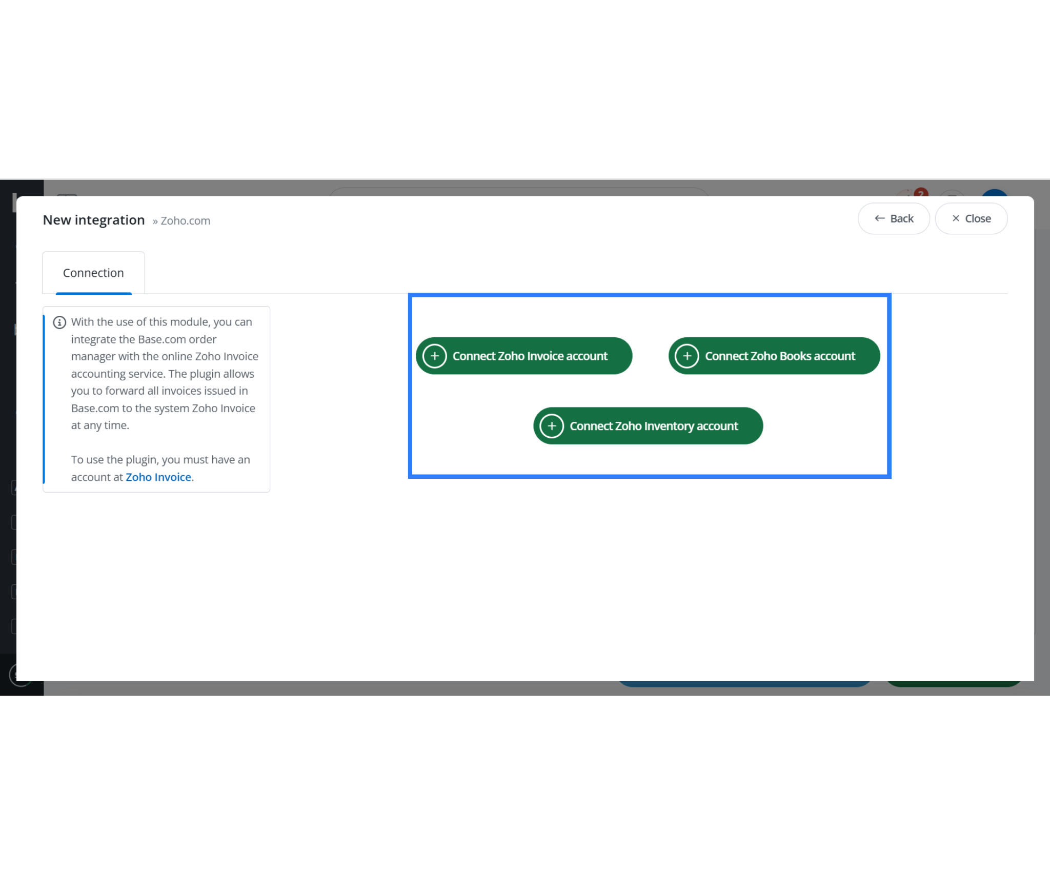 Zoho Invoice integration with Base.com settings
