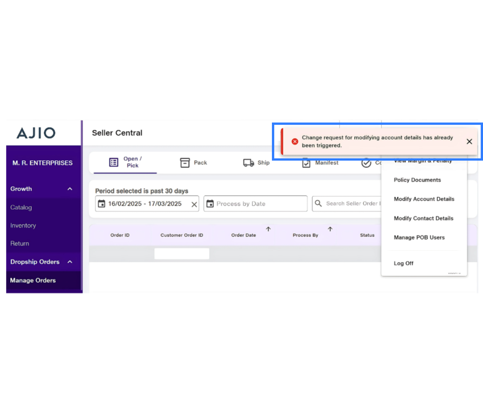 Ajio orders syncing and dispatch workflow inside Base.com