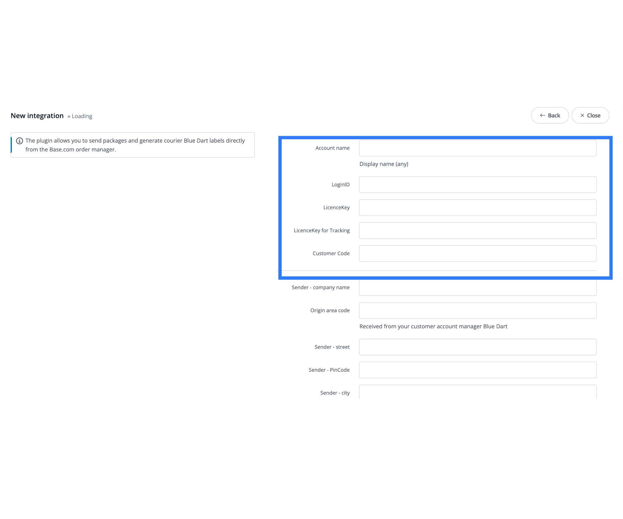 Blue Dart API credential configuration panel for Base connection