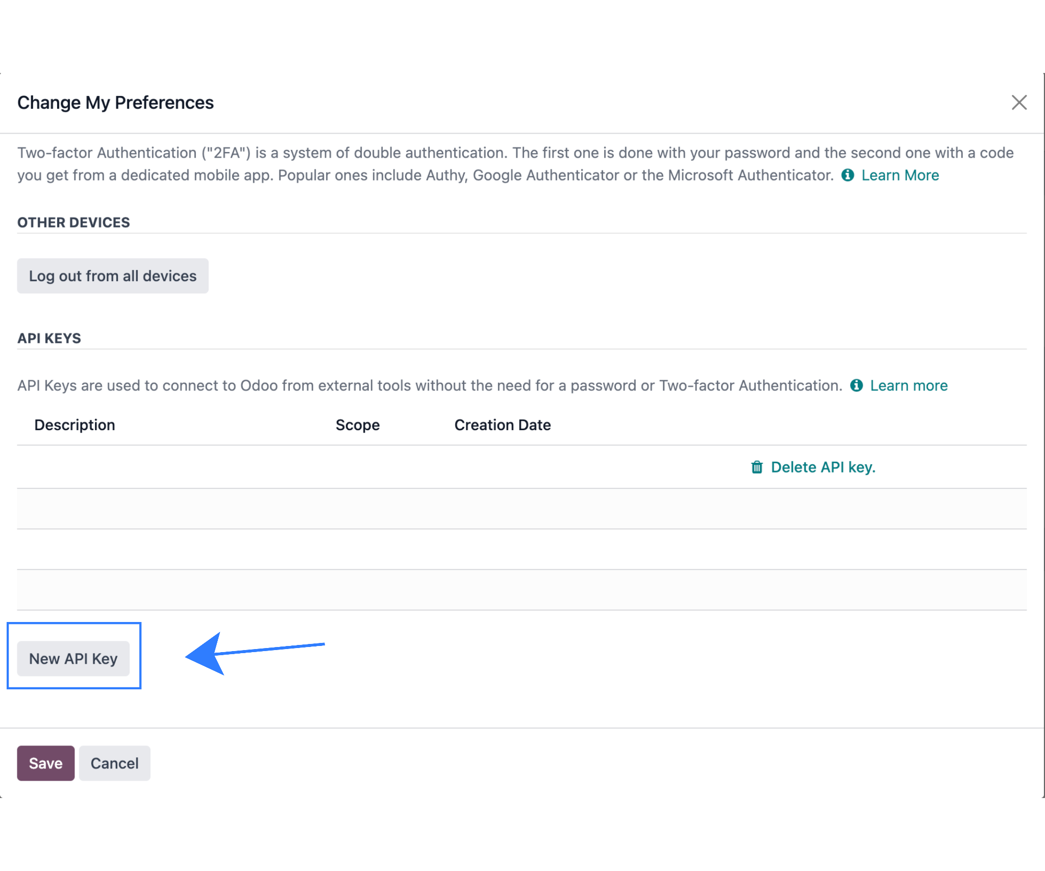 creating new API key in Odoo