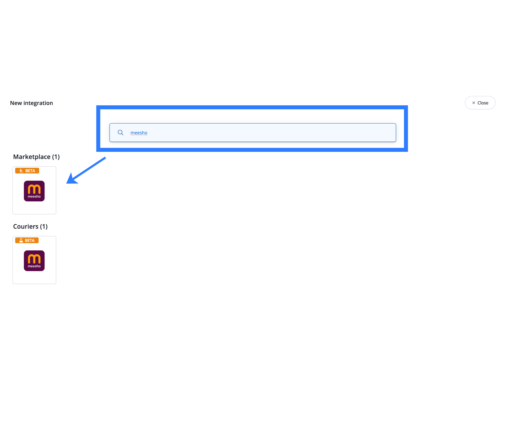 Search for “Meesho” in the New integration screen and select the Meesho marketplace from the results.
