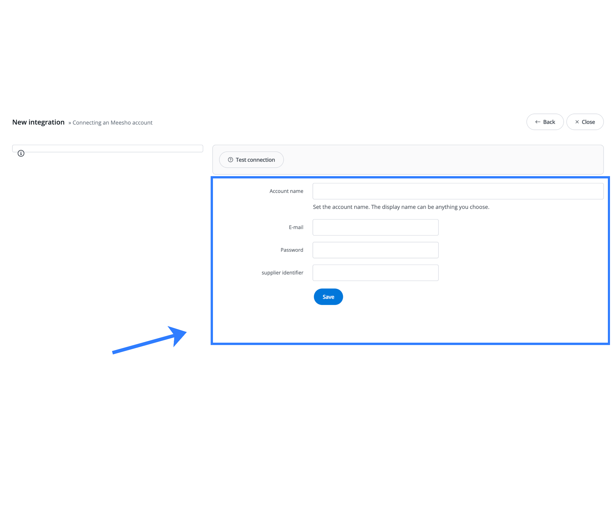 Connecting a Meesho account in Base by entering the account name, email, password, and supplier identifier, then clicking Save.