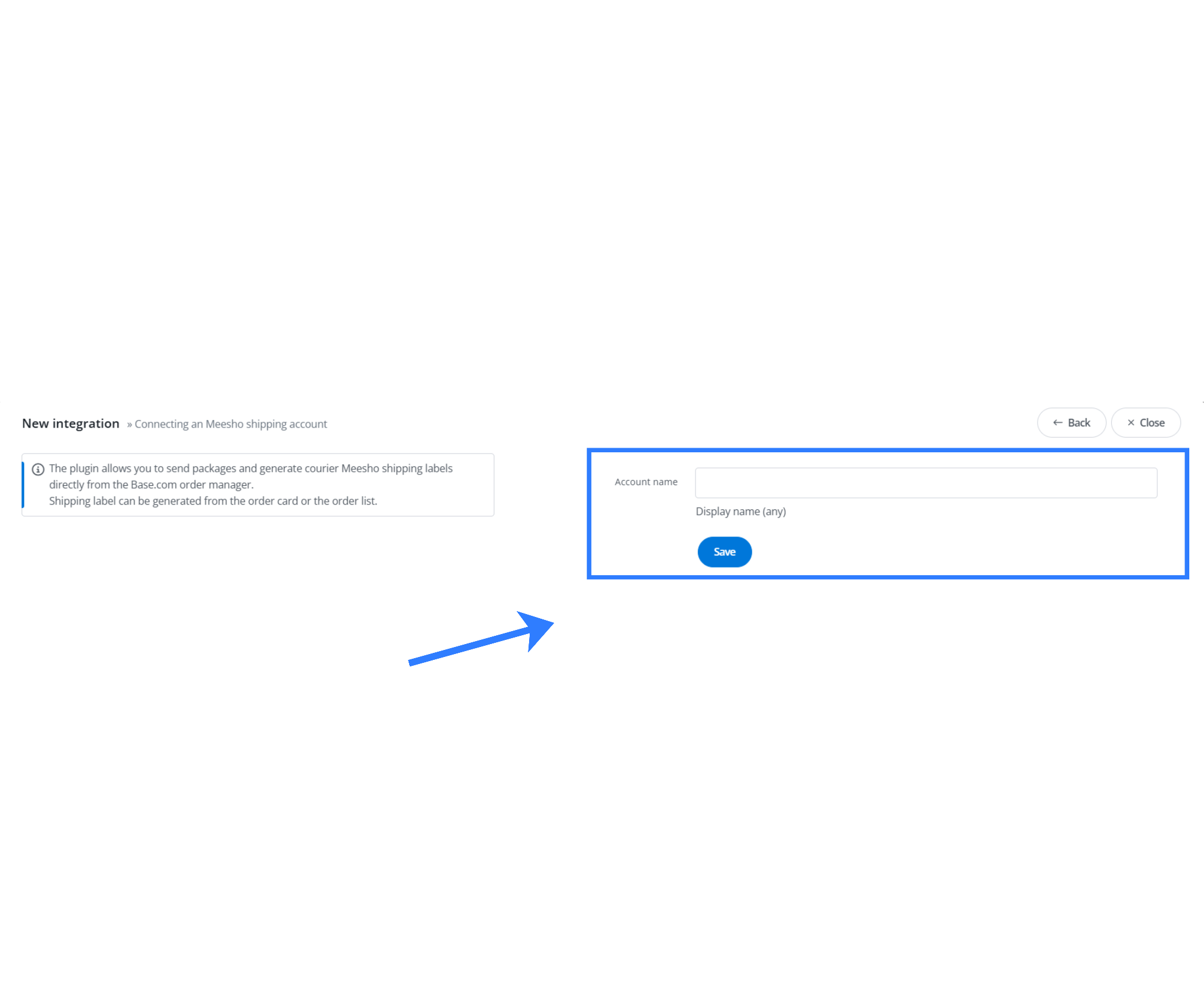 Connecting a Meesho shipping account in Base by entering the account name, email, password, and supplier identifier, then clicking Save.