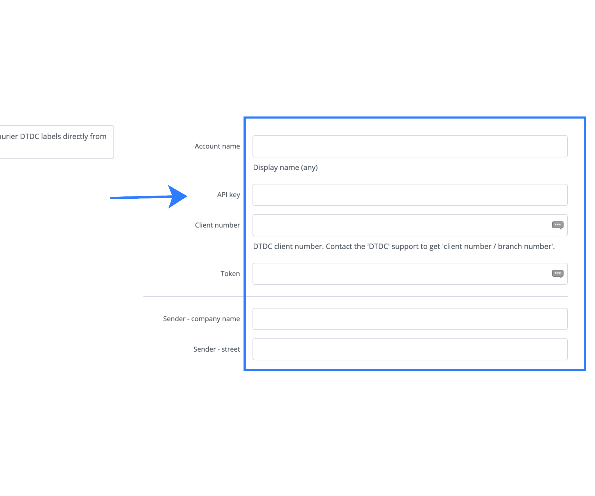 Account details and API key fields to fill to complete the integration and connect the account.