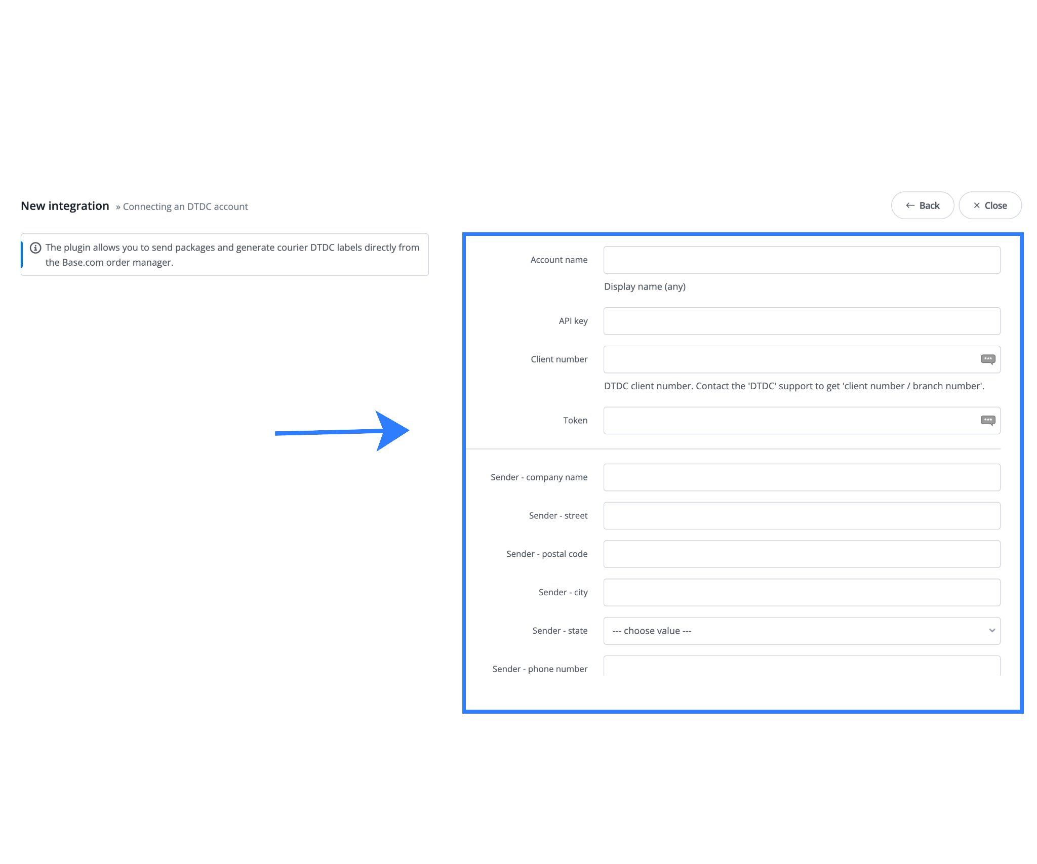 Account details and API key fields to fill to complete the integration and connect the account.