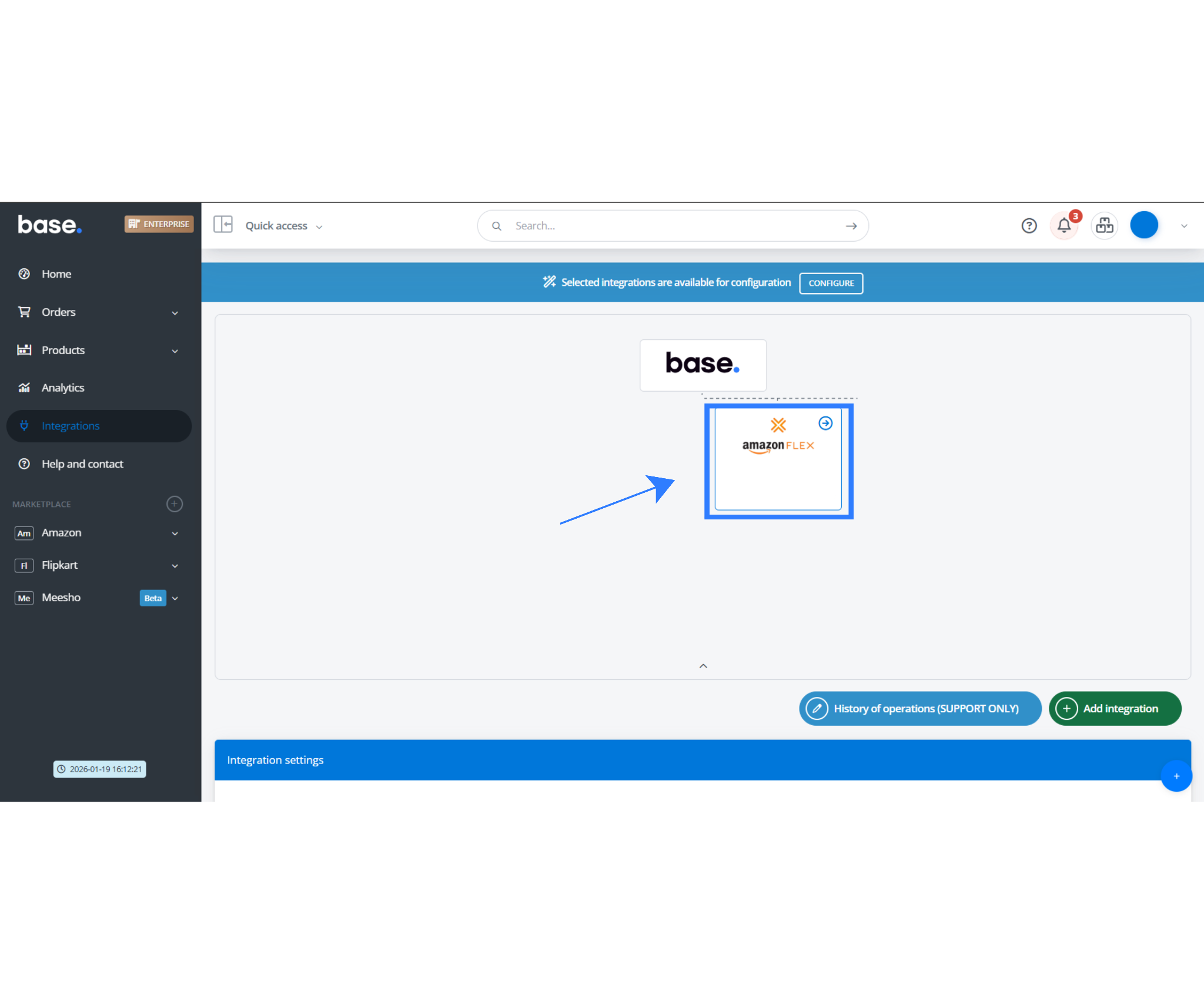 Amazon FLEX integration selected inside the Base.com dashboard under integrations for configuring SellerFlex connection