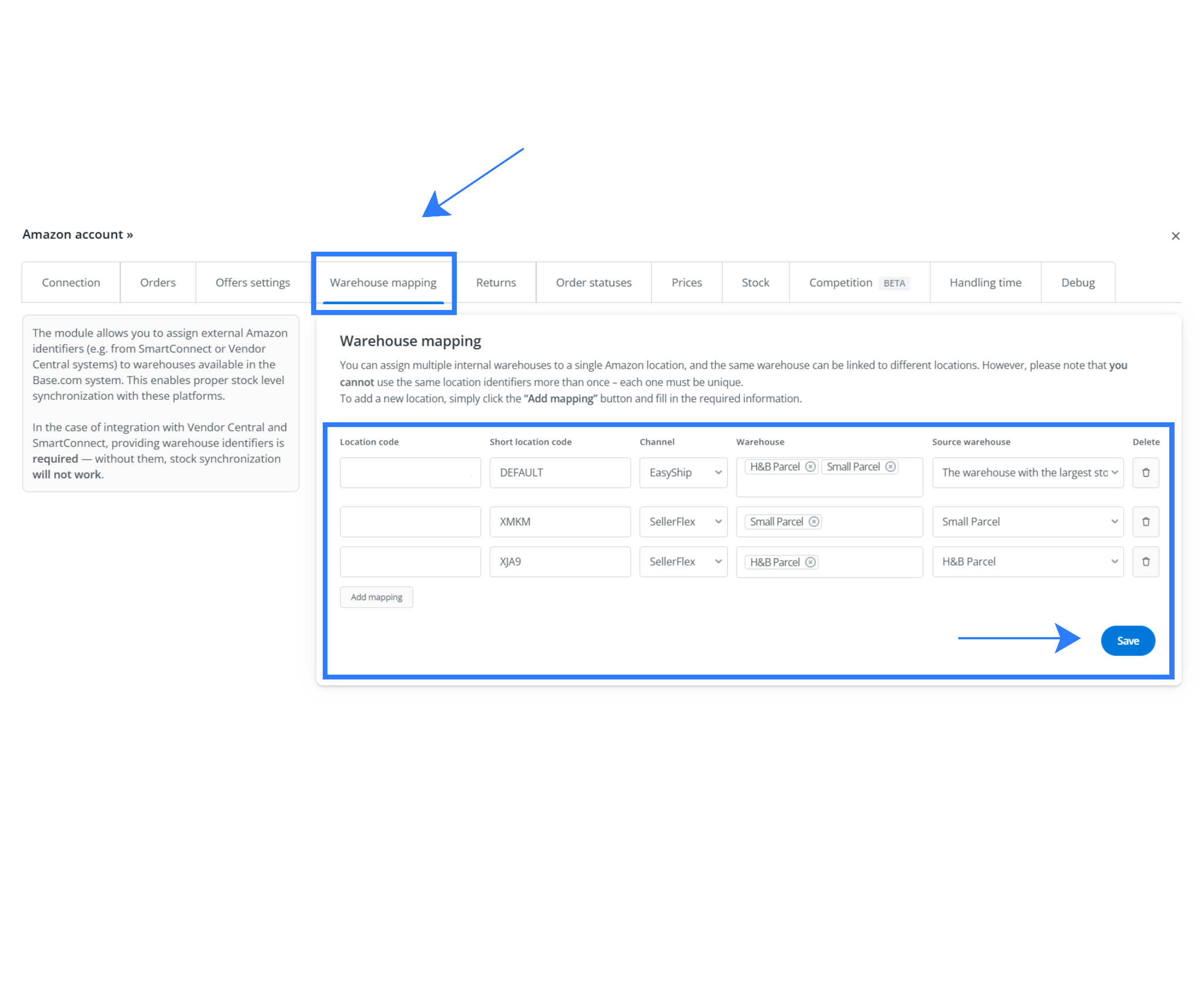 Warehouse mapping settings in Base.com showing Amazon Location IDs linked to internal warehouses for SellerFlex and EasyShip integration