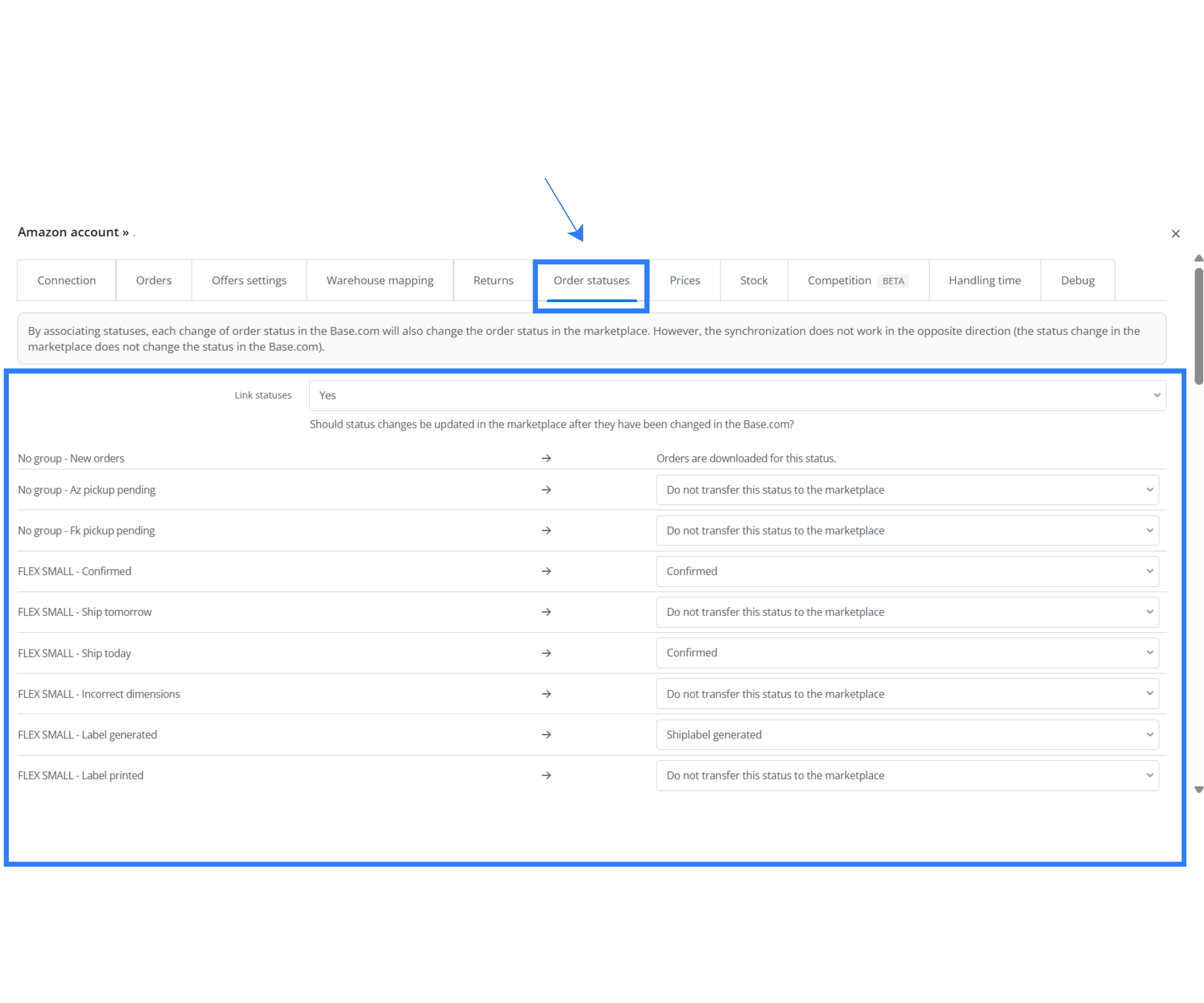 Order status mapping settings in Base.com for Amazon SellerFlex integration showing confirmed and shiplabel-generated status sync