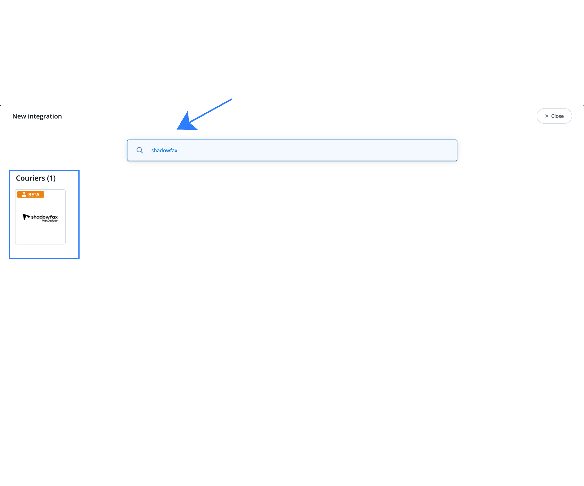 Base.com New integration screen showing the search bar with ‘shadowfax’ entered and the Shadowfax courier integration listed under Couriers.