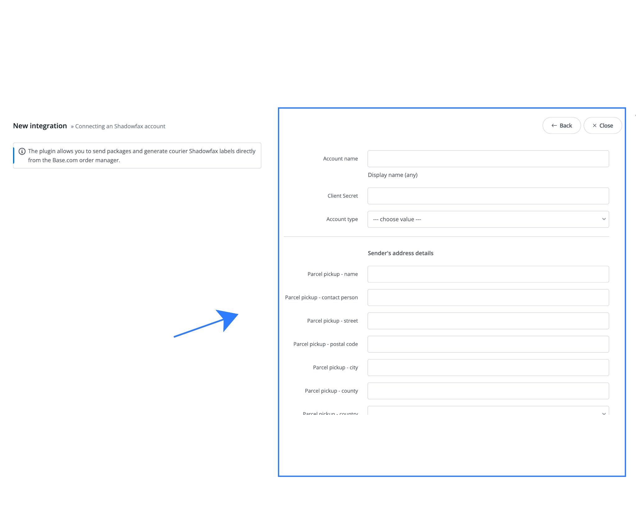 Base.com Shadowfax integration screen showing account name, client secret, and account type selection fields used to connect a Shadowfax account.