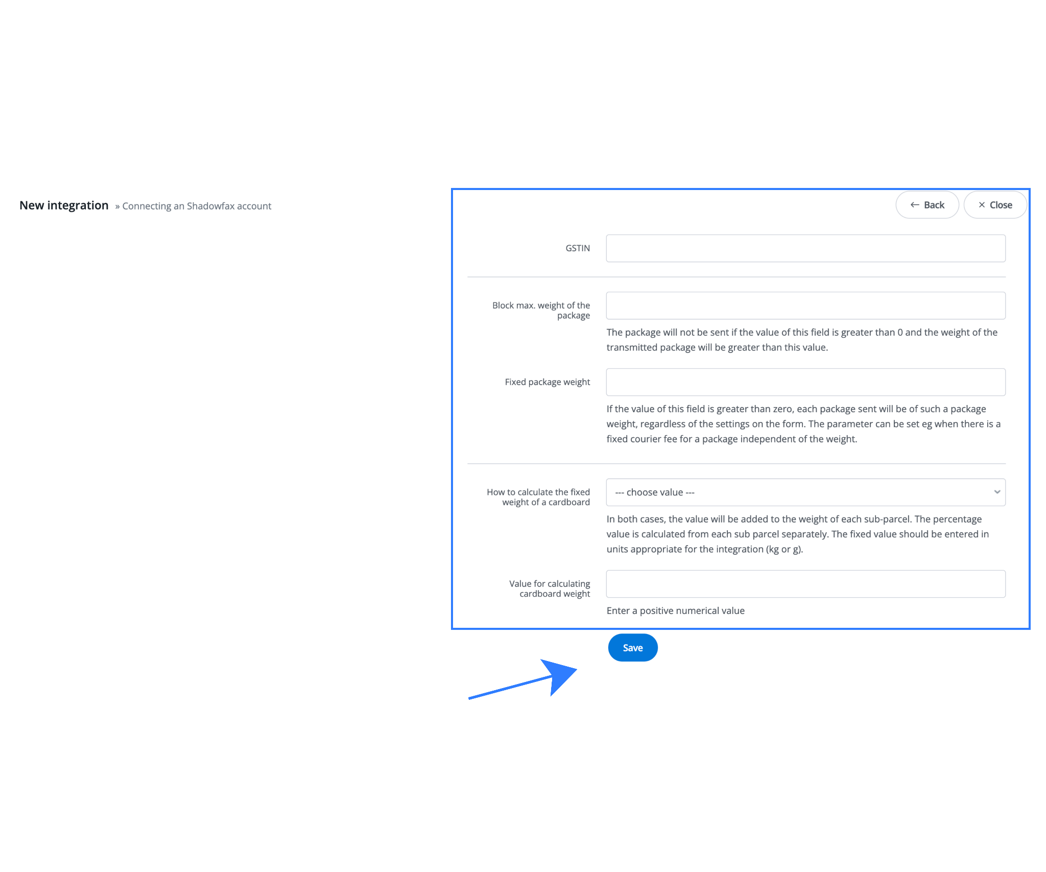 Shadowfax integration configuration screen in Base.com showing fields for GSTIN, blocking maximum package weight, fixed package weight, and cardboard weight calculation settings.