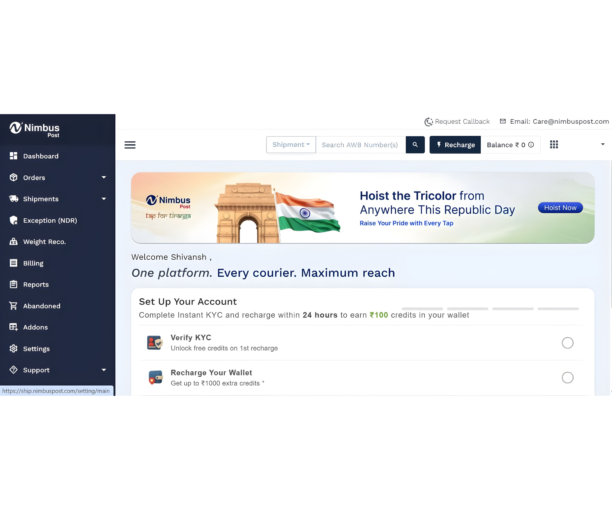 NimbusPost dashboard homepage showing the main navigation menu, account setup steps, and shipment management options.