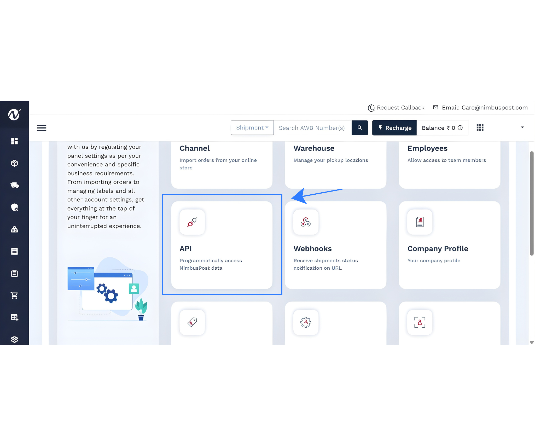 NimbusPost dashboard settings screen highlighting the API option used to access NimbusPost API configuration.