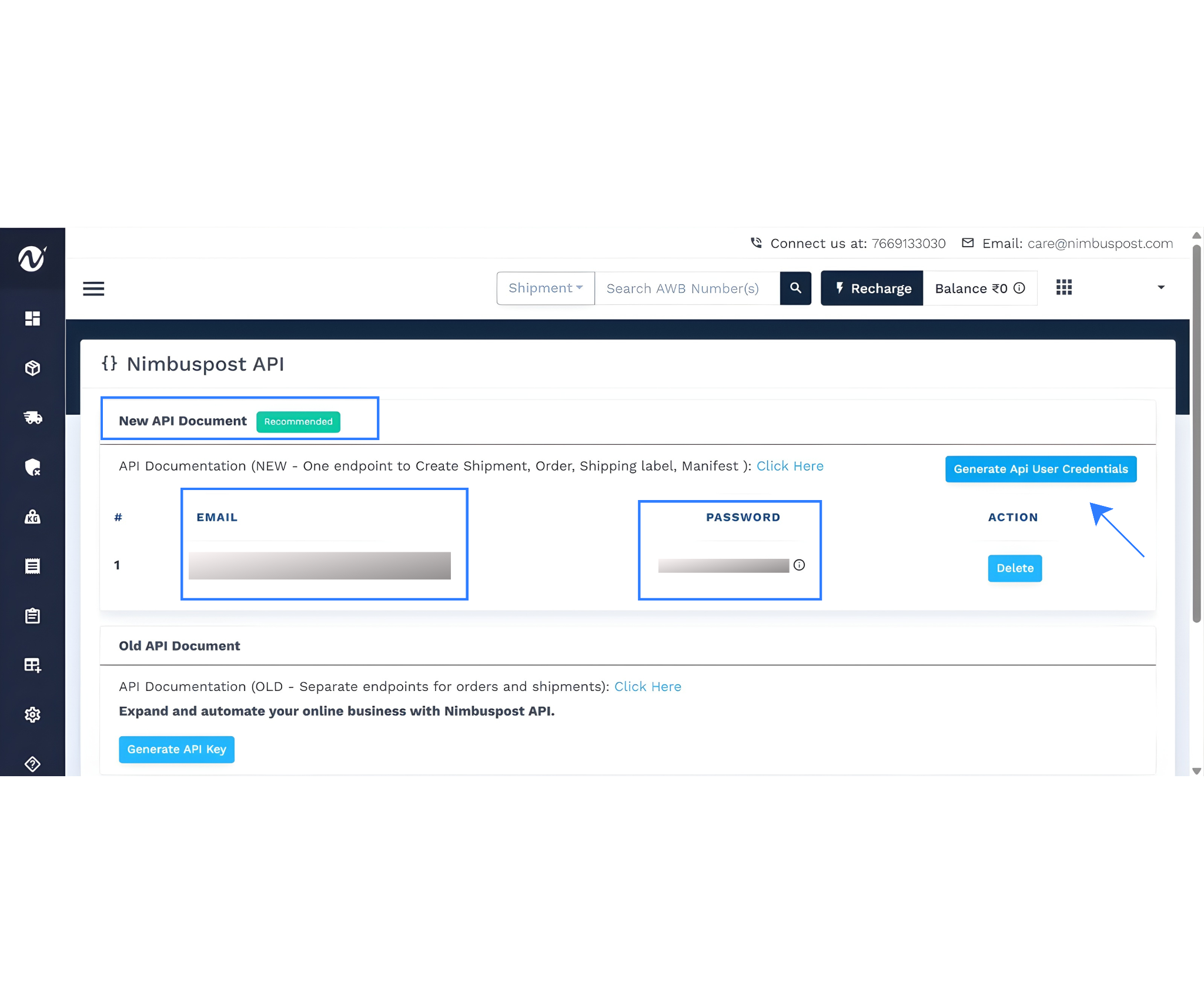 NimbusPost API settings page highlighting the ‘Generate API User Credentials’ button and fields displaying API email and password.