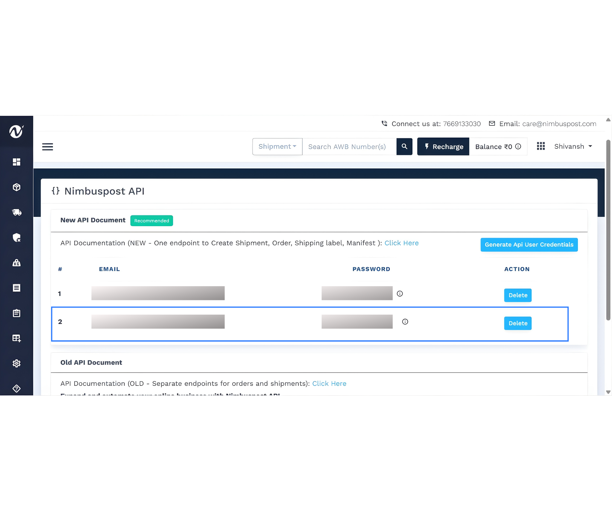 NimbusPost dashboard showing the API section with a list of generated API user credentials, including email, password, and delete action.
