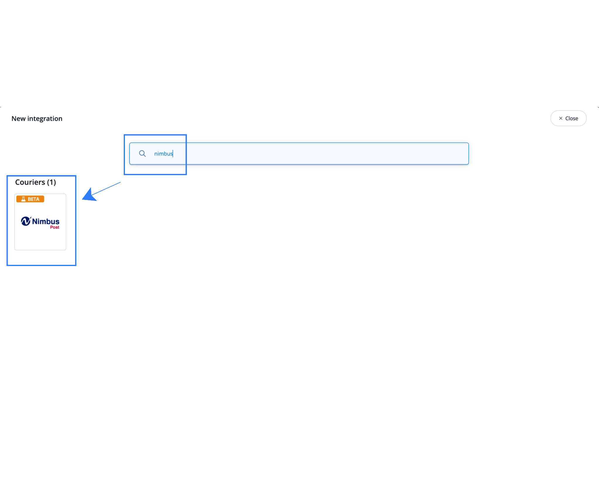 Base.com New integration screen showing ‘NimbusPost’ searched in the integrations search bar and listed under Couriers.