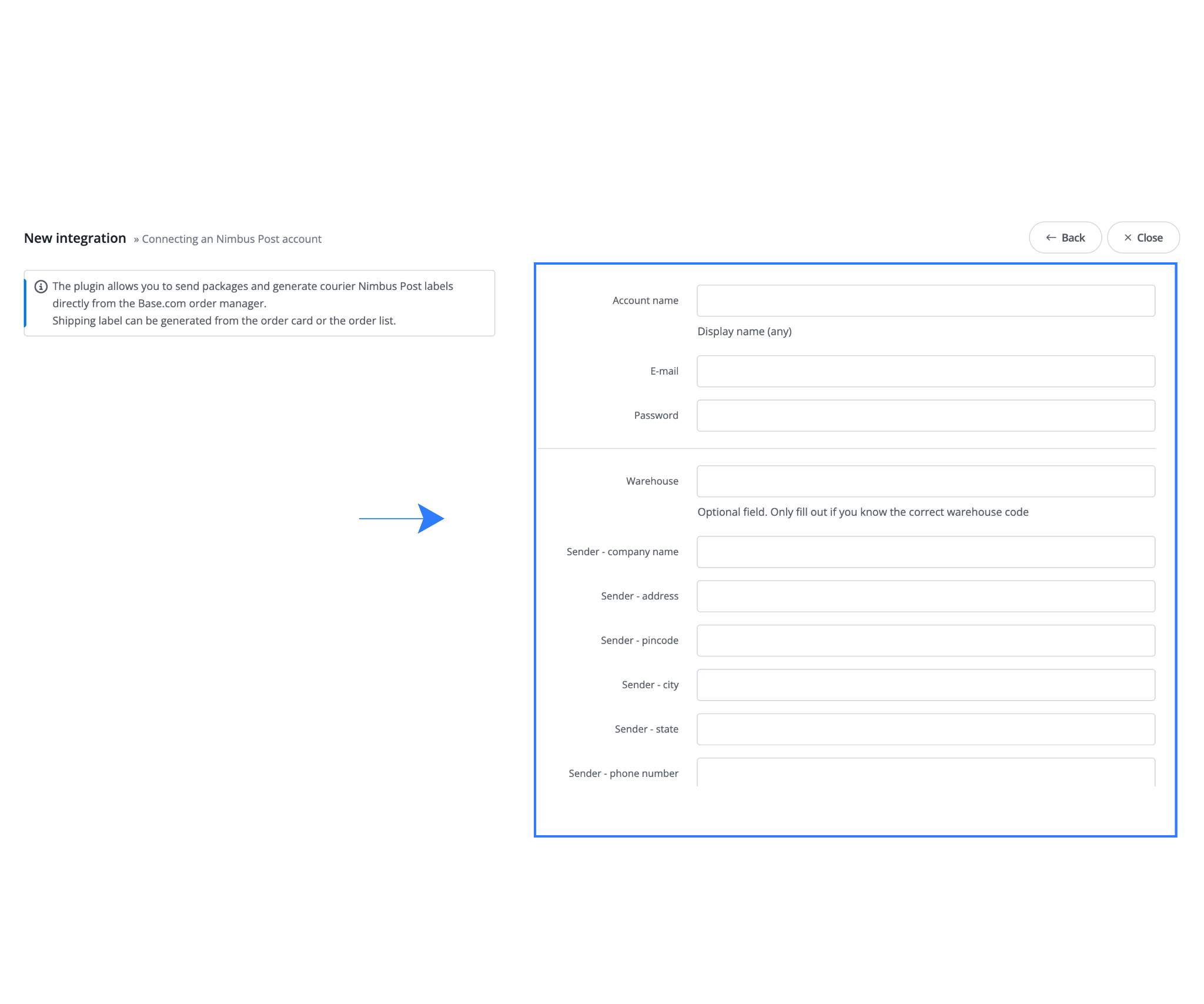 NimbusPost integration configuration screen in Base.com showing account name, email, password, warehouse code, and sender address details.