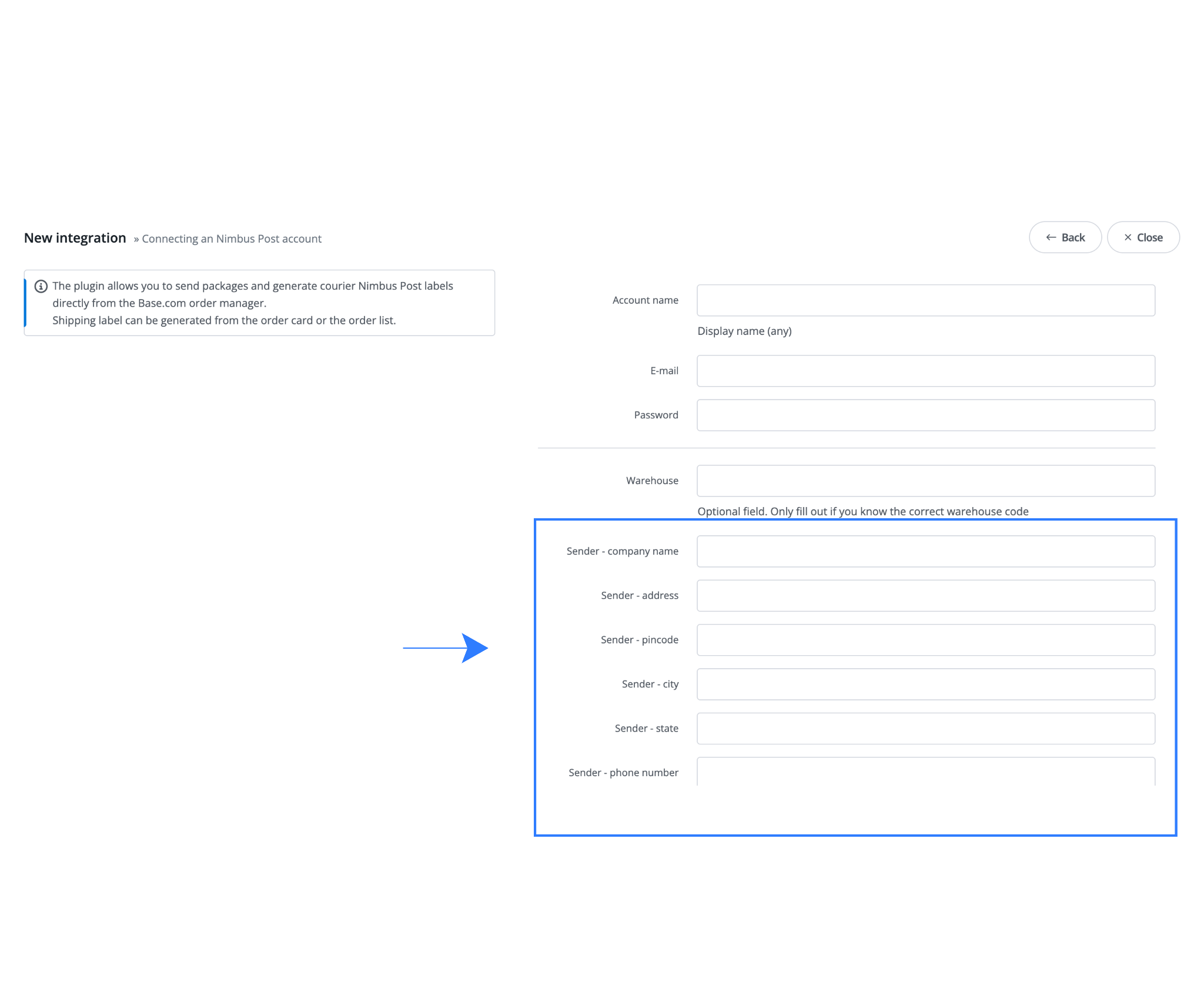 NimbusPost integration setup in Base.com highlighting sender address fields including company name, address, pincode, city, state, and phone number.