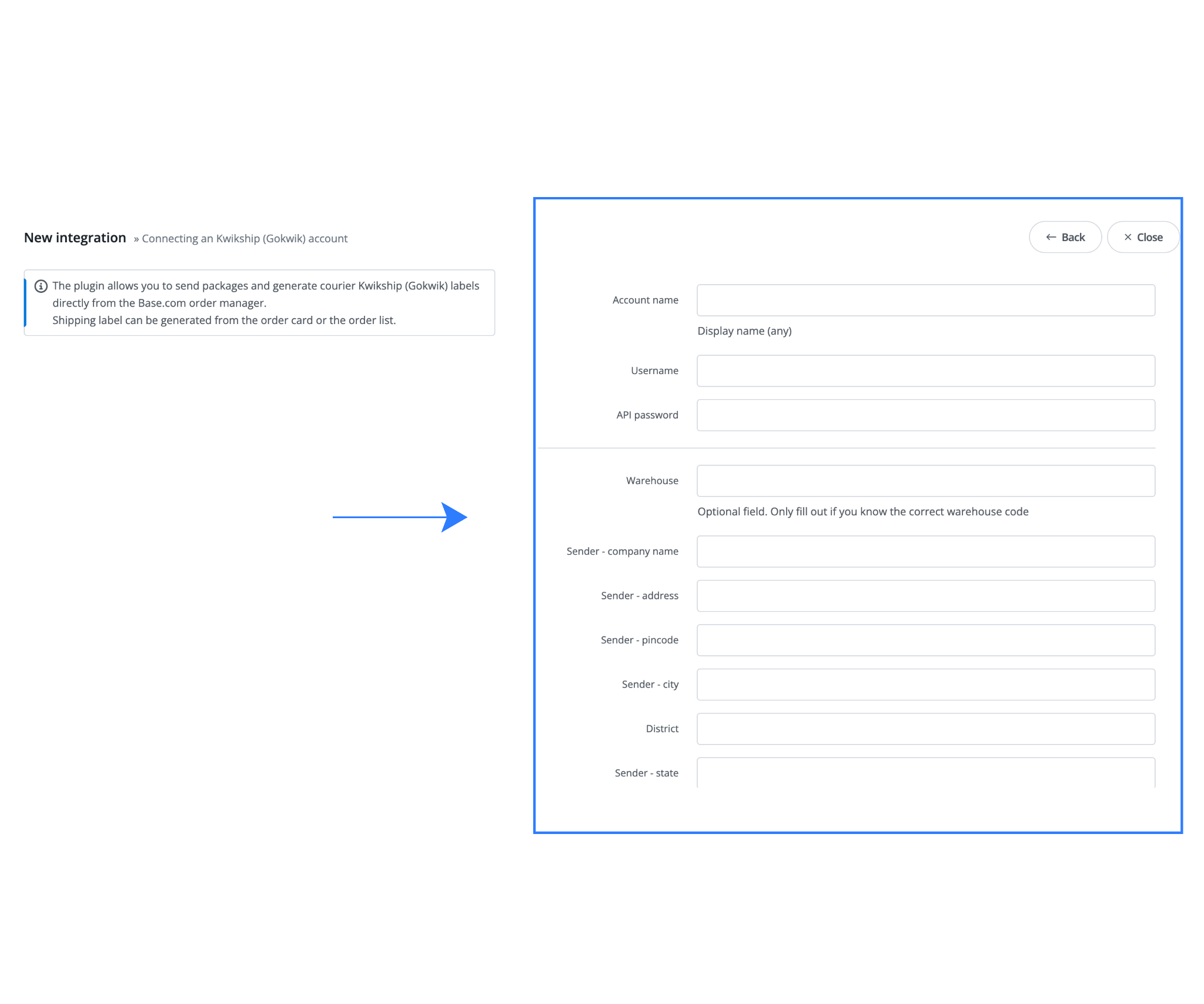 GoKwik integration configuration screen in Base.com showing account name, email, password, warehouse code, and sender address details