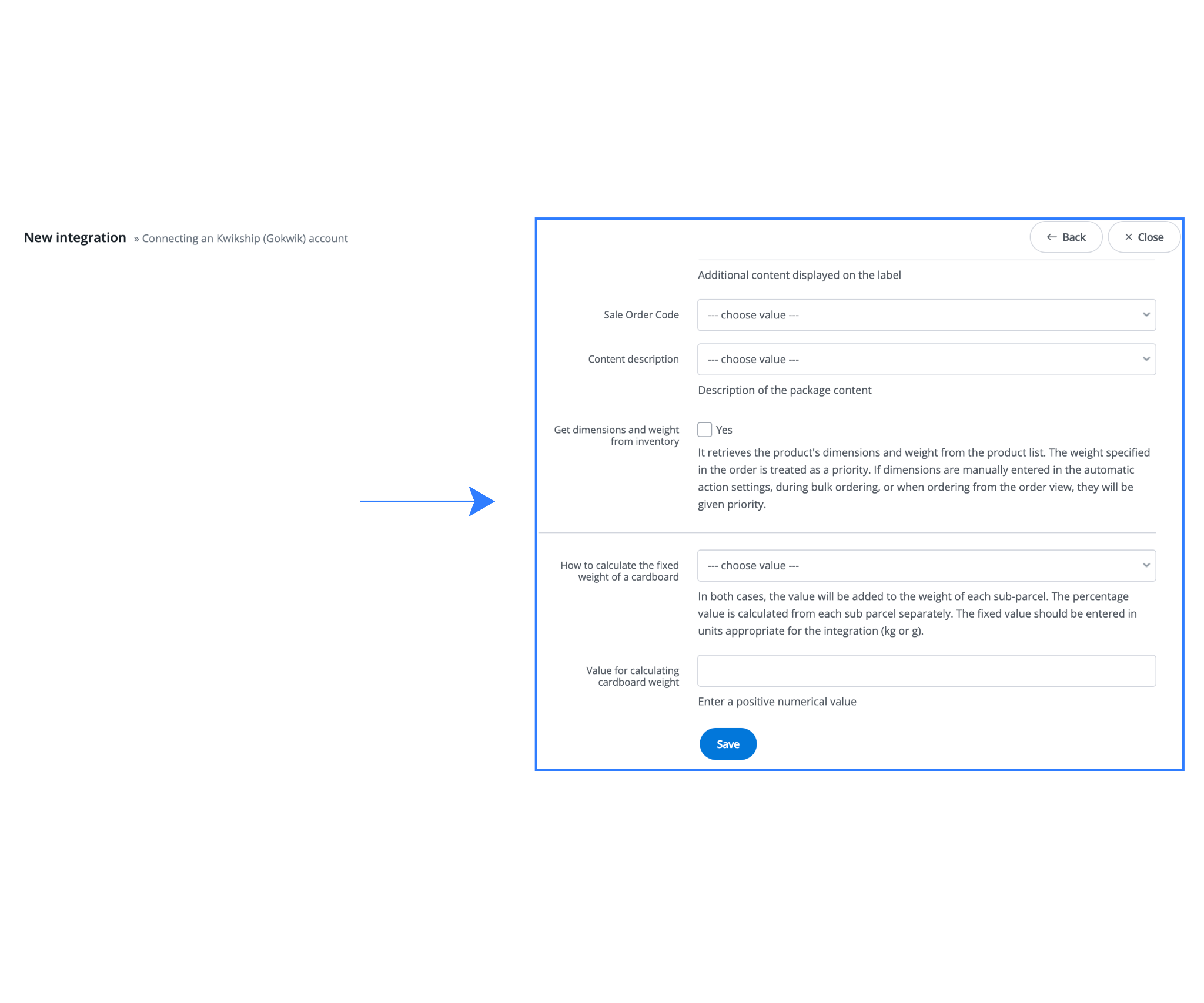 Kwikship (Gokwik) integration settings in Base.com showing label content options, inventory-based weight and dimension settings, cardboard weight calculation fields, and the Save button.