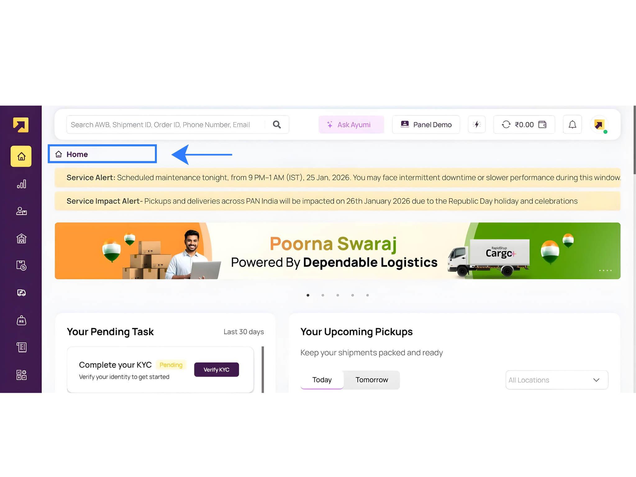 RapidShyp dashboard home screen with the Home tab highlighted, showing where to start the RapidShyp integration setup for Base.