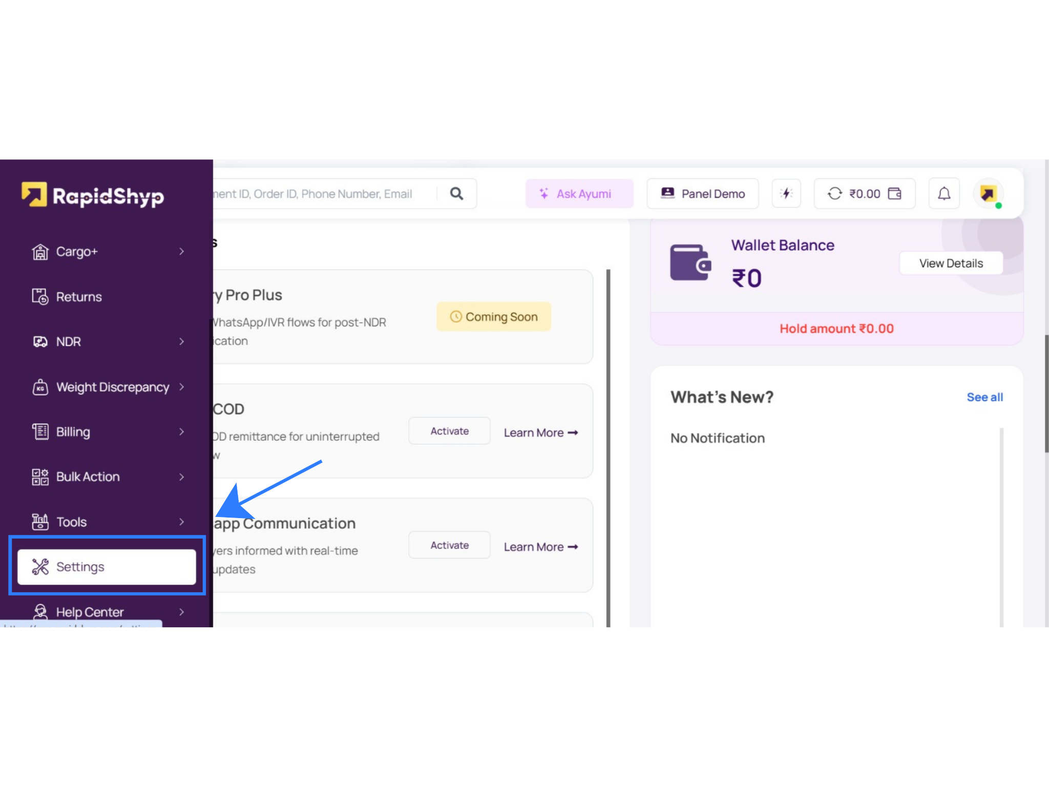 RapidShyp dashboard sidebar highlighting Settings, where users go to configure the RapidShyp API for the Base courier integration.