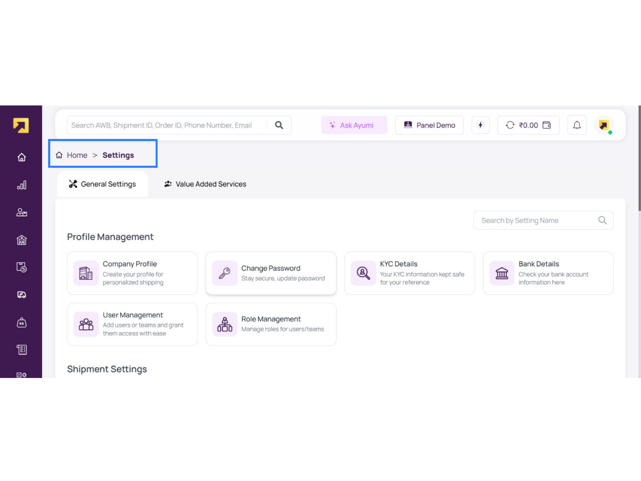 RapidShyp Settings page (Home → Settings) showing Profile Management options like Company Profile, KYC Details, and Bank Details for integration setup with Base.