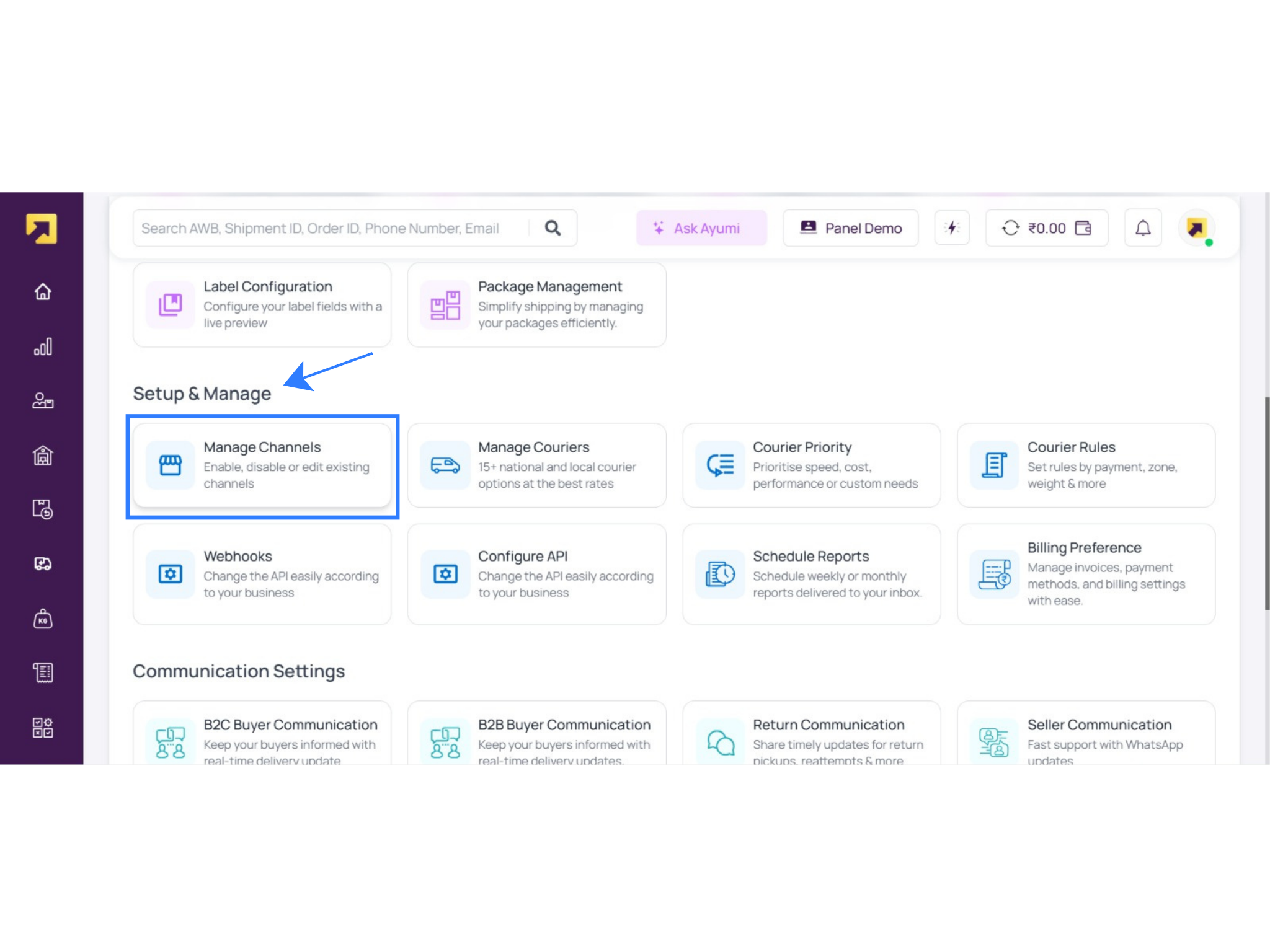 RapidShyp Setup & Manage screen highlighting Manage Channels, where you enable and manage channels during RapidShyp courier integration setup with Base.